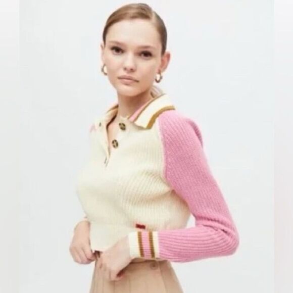 Urban Outfitters BDG Taylor Collared Sweater Cream Striped Cropped Knit S - Picture 1 of 8